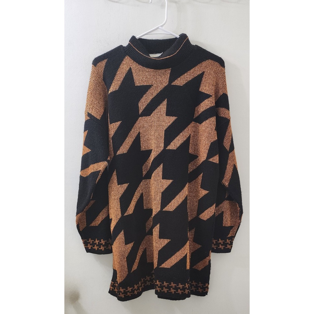 Dana Scott Vintage Oversized Houndstooth Sweater Dress Metallic Black Copper L